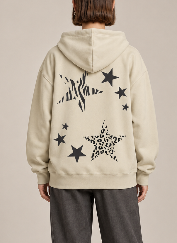 Leopard Star Graphic Hoodie for Women – White Oversized Pullover Sweatshirt