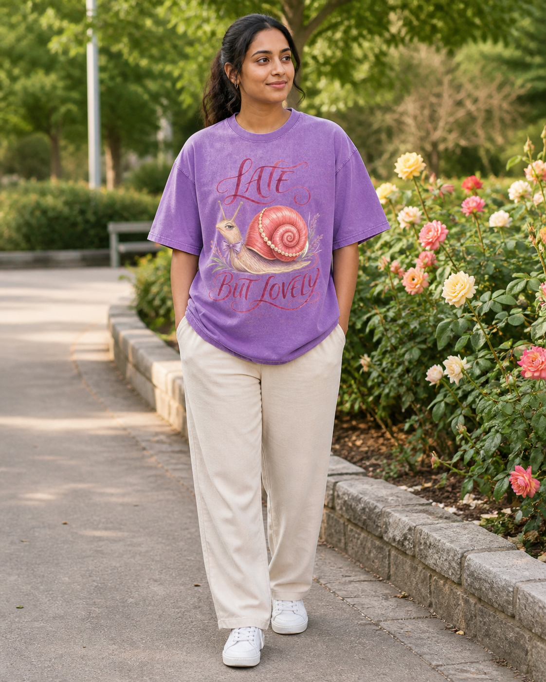 Late But Lovely" Cute Snail Retro Oversized Pink Tee
