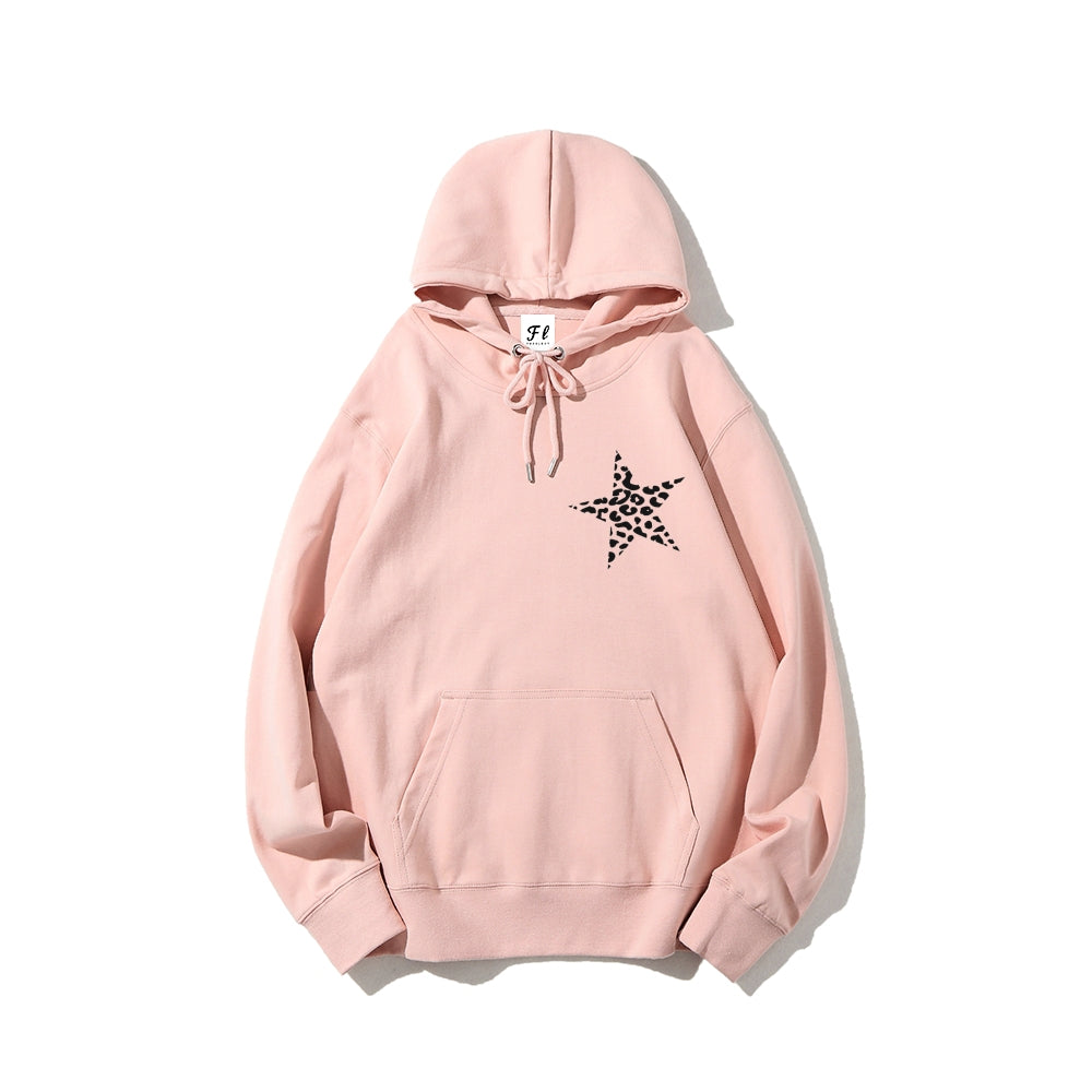 Leopard Star Graphic Hoodie for Women – White Oversized Pullover Sweatshirt