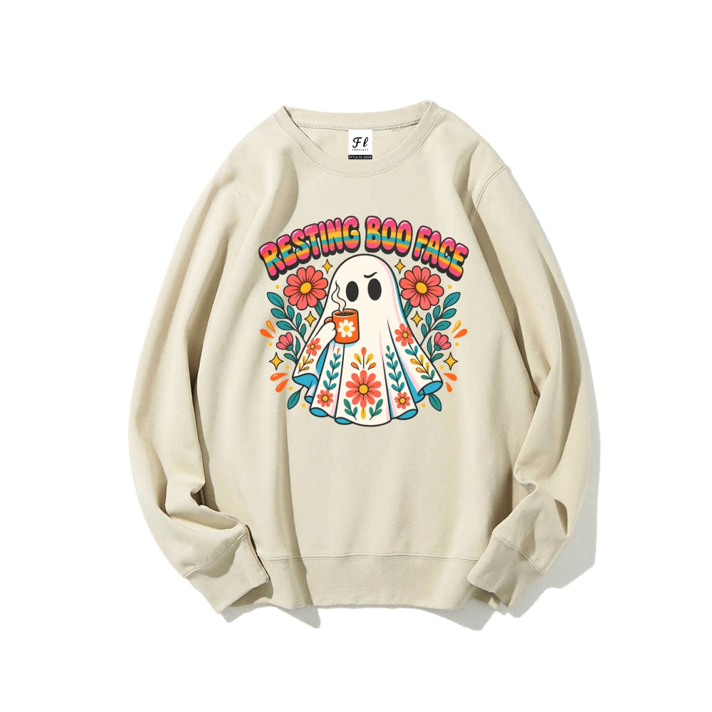 Resting Boo Face Cute Ghost Floral Halloween Crewneck Sweatshir