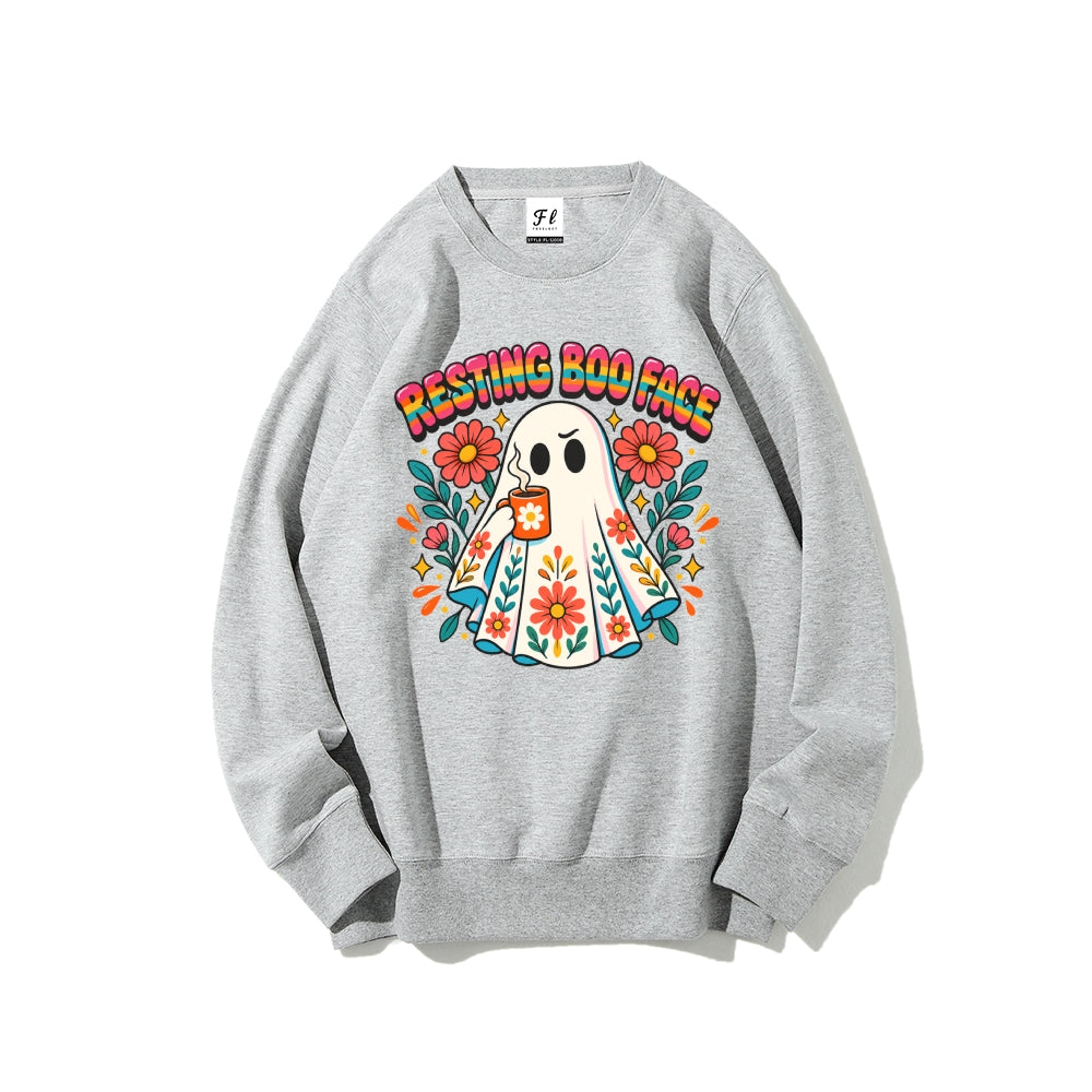 Resting Boo Face Cute Ghost Floral Halloween Crewneck Sweatshir