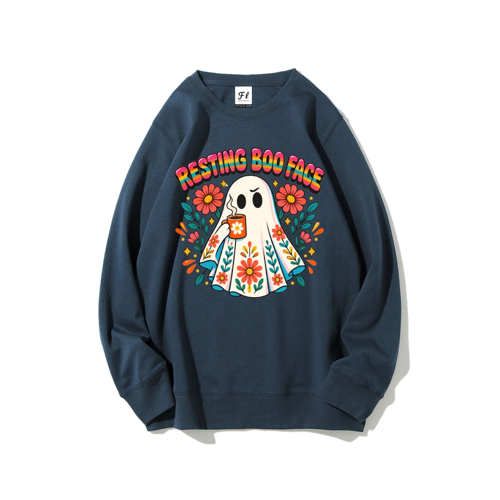 Resting Boo Face Cute Ghost Floral Halloween Crewneck Sweatshir