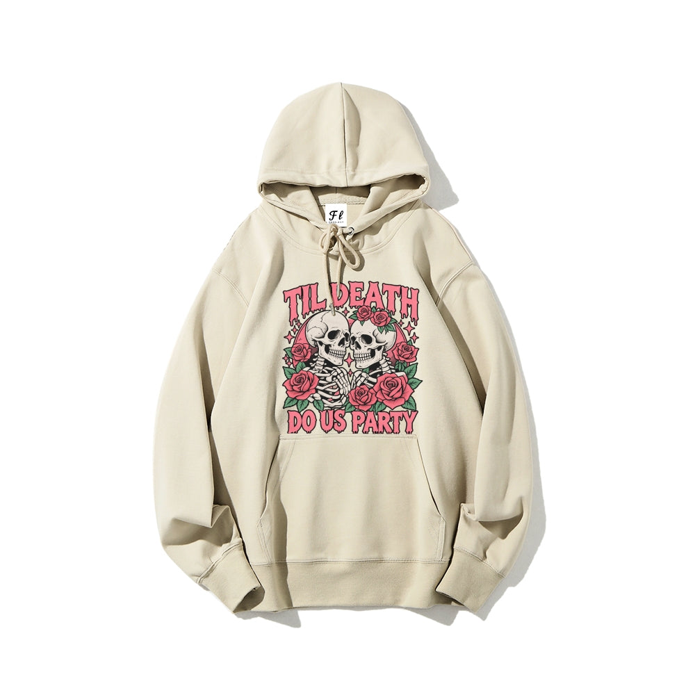 Til Death Do Us Party Skeleton Rose Hoodie, Gothic Halloween Horror Graphic Sweatshirt