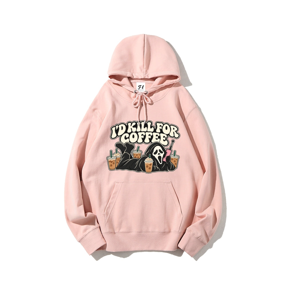 I'd Kill For Coffee Ghostface Hoodie, Halloween Scream Graphic Pullover Sweatshirt, Vintage Fall Hooded Top Unisex
