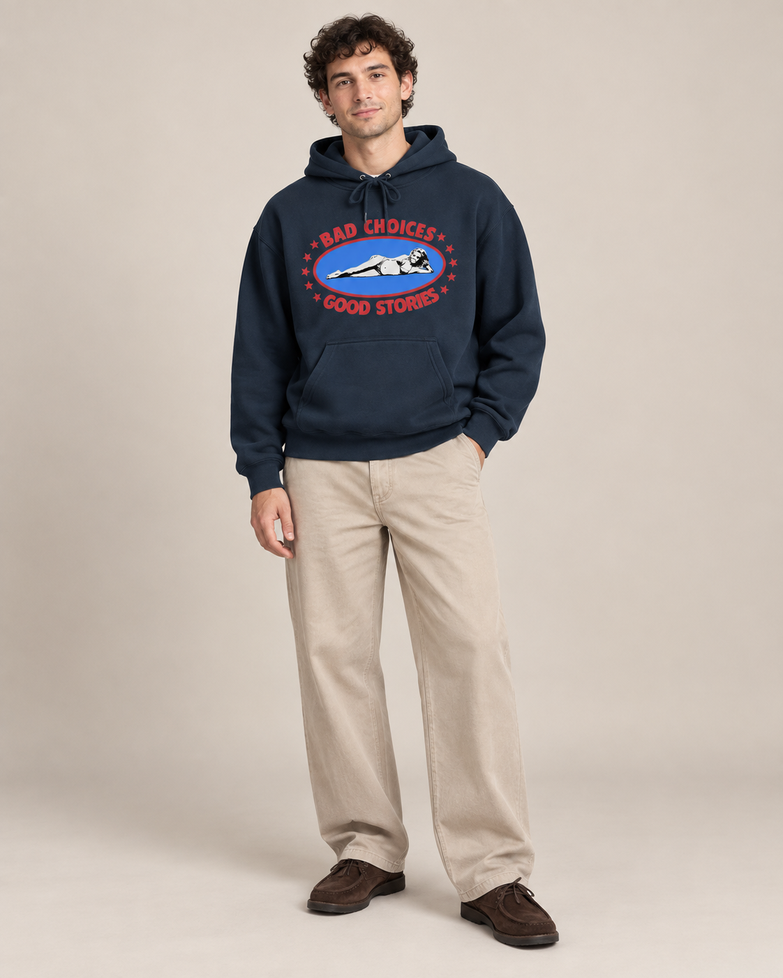 Bad Choices Good Stories Graphic Hoodie – Funny Unisex White Pullover