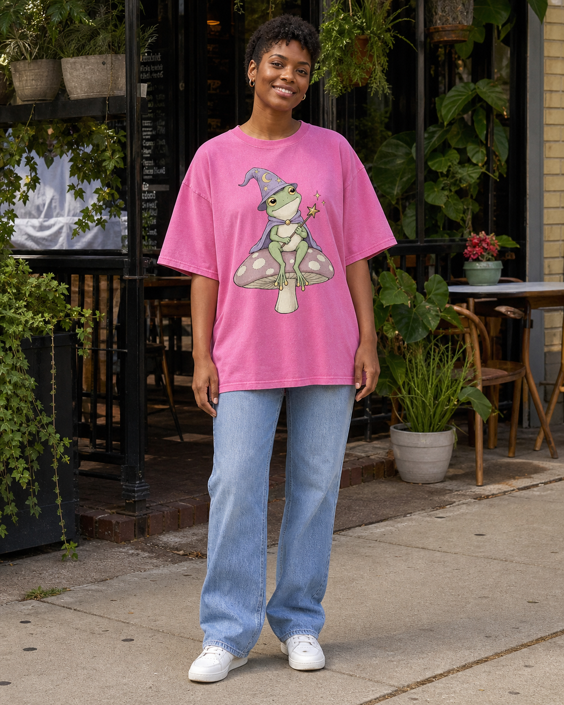 Magic Wizard Frog Mushroom Retro Oversized Pink T‑Shirt