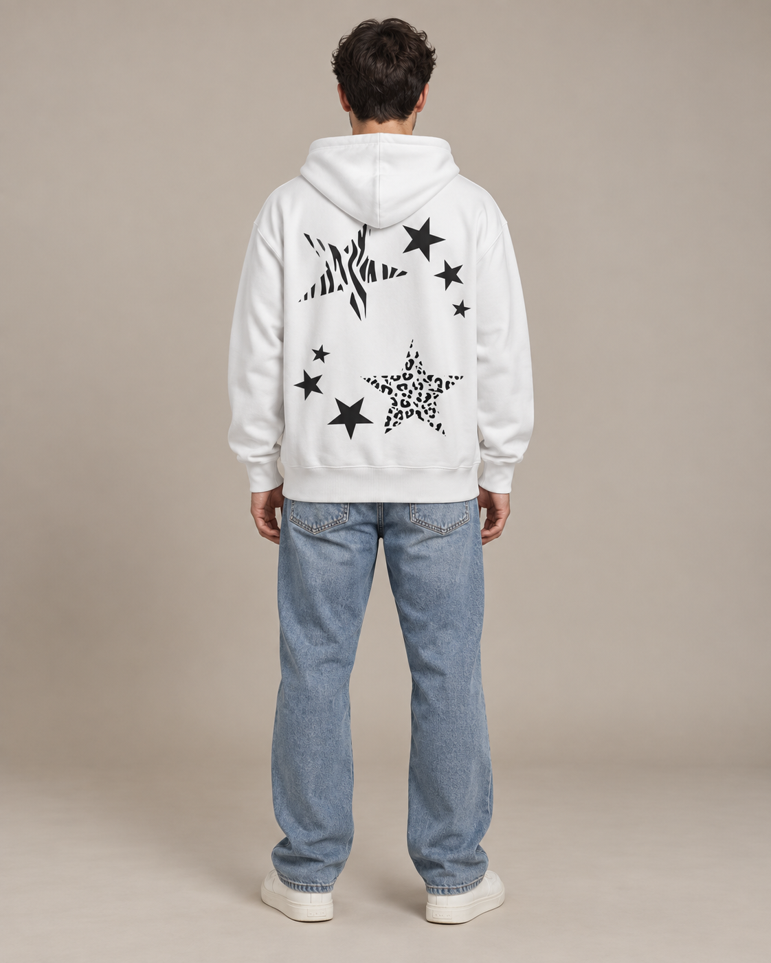 Leopard Star Graphic Hoodie for Women – White Oversized Pullover Sweatshirt