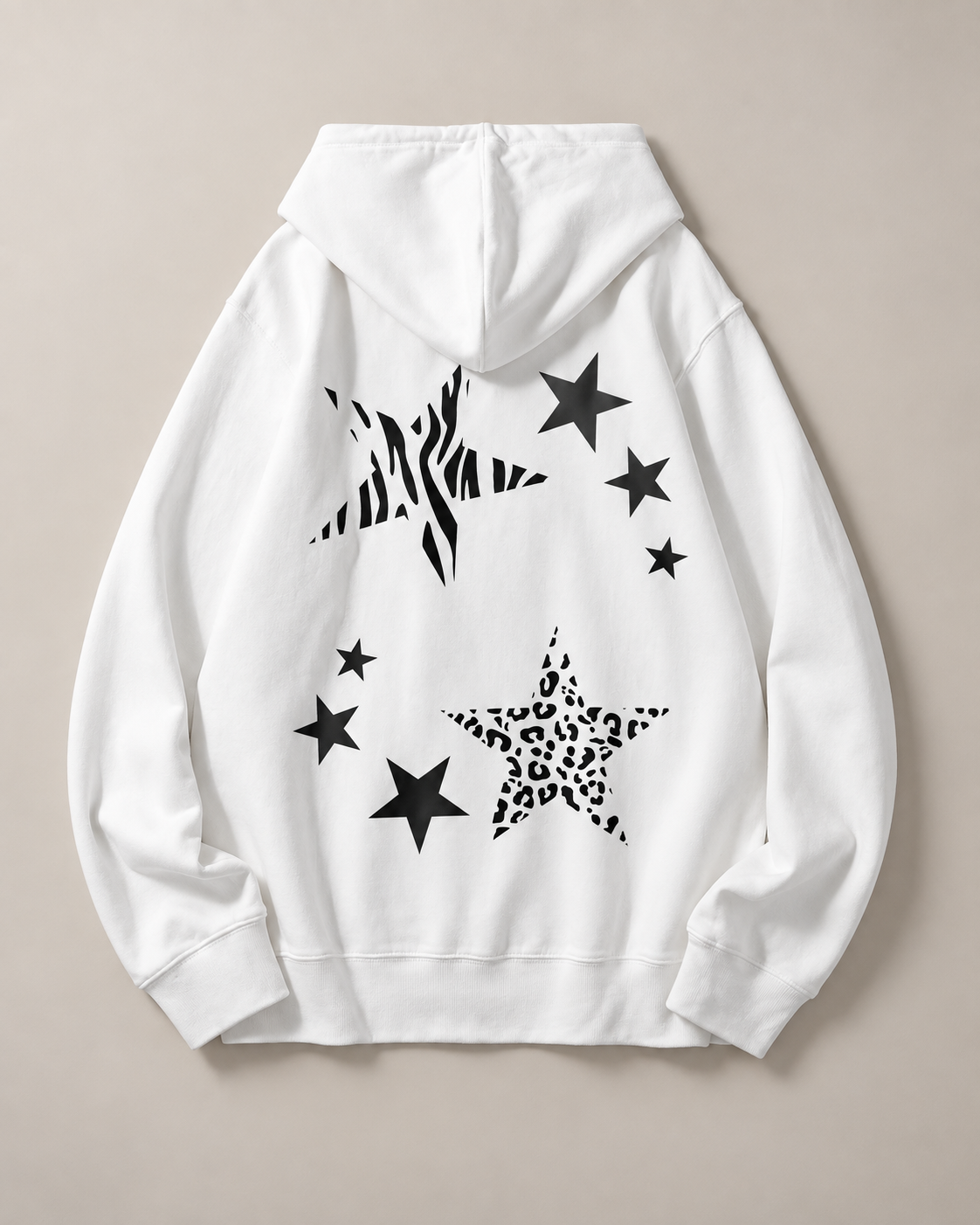 Leopard Star Graphic Hoodie for Women – White Oversized Pullover Sweatshirt
