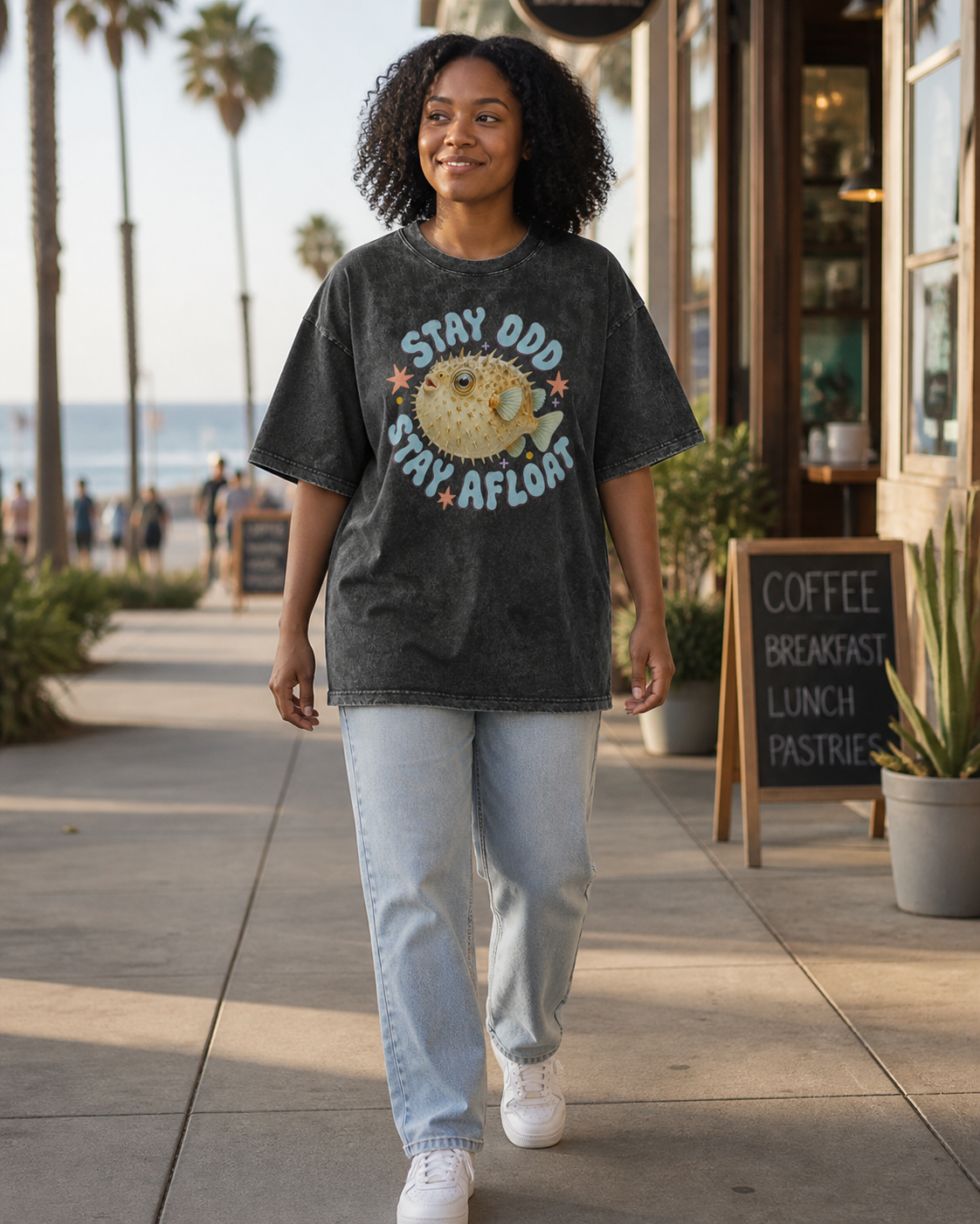 Funny Pufferfish Ocean Animal Retro Oversized Graphic Tee