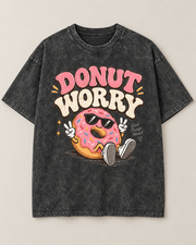 Donut Worry Graphic T-Shirt – Vintage Washed Black Unisex Oversized Tee