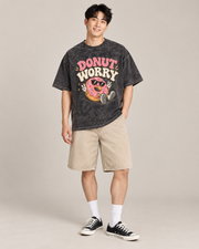 Donut Worry Graphic T-Shirt – Vintage Washed Black Unisex Oversized Tee