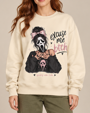 Excuse Me Btch Ghostface Girl Halloween Crewneck Sweatshirt, Scream Movie Graphic Pullover, Unisex Pink Spooky Fall Top