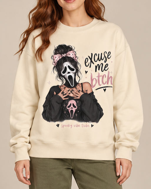 Excuse Me Btch Ghostface Girl Halloween Crewneck Sweatshirt, Scream Movie Graphic Pullover, Unisex Pink Spooky Fall Top