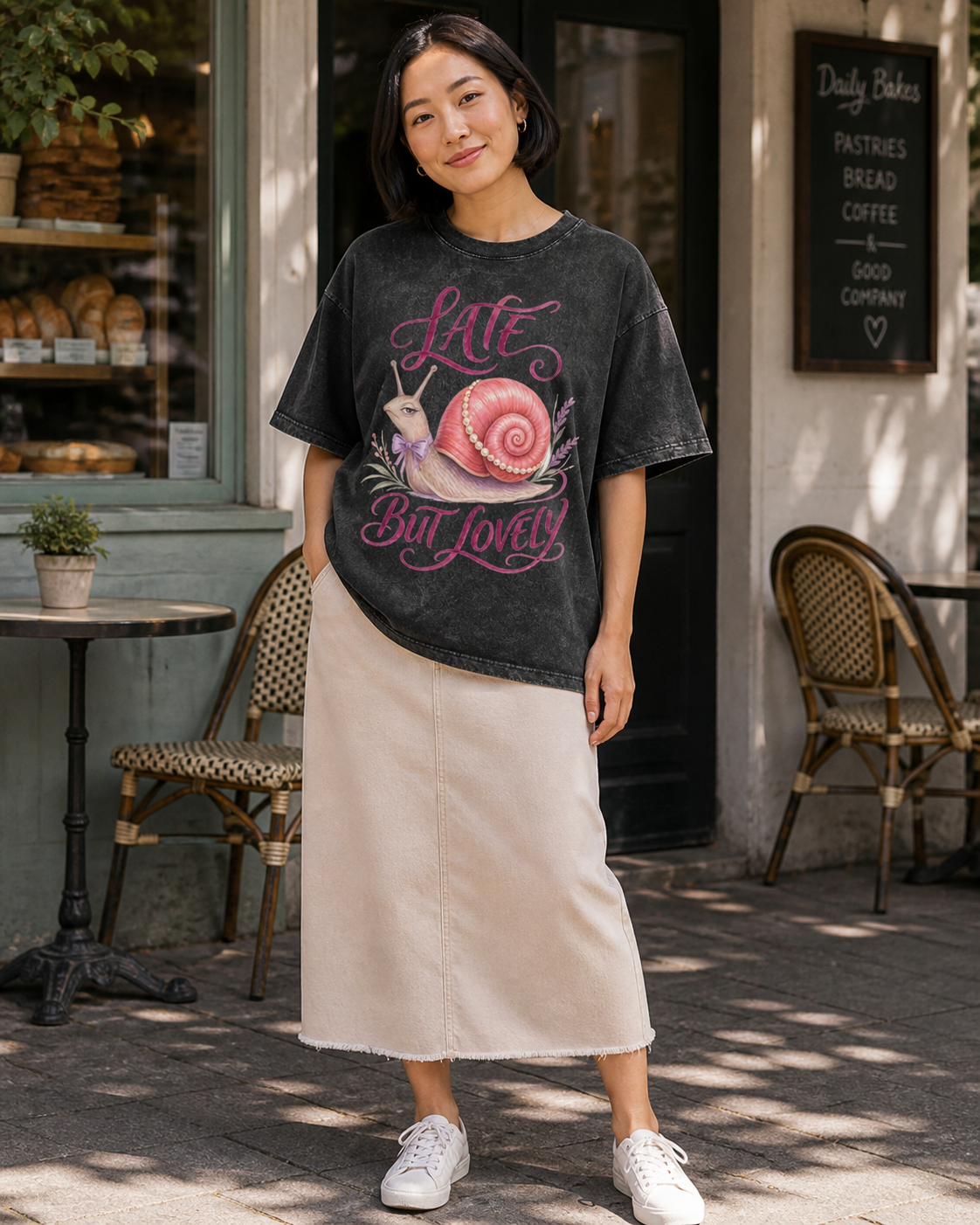 Late But Lovely" Cute Snail Retro Oversized Pink Tee