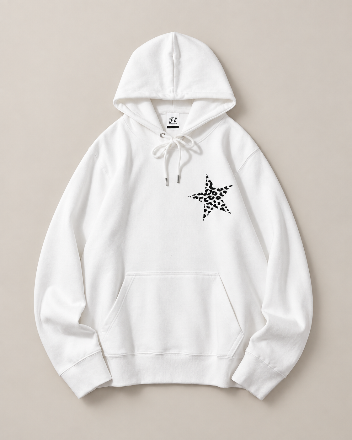 Leopard Star Graphic Hoodie for Women – White Oversized Pullover Sweatshirt