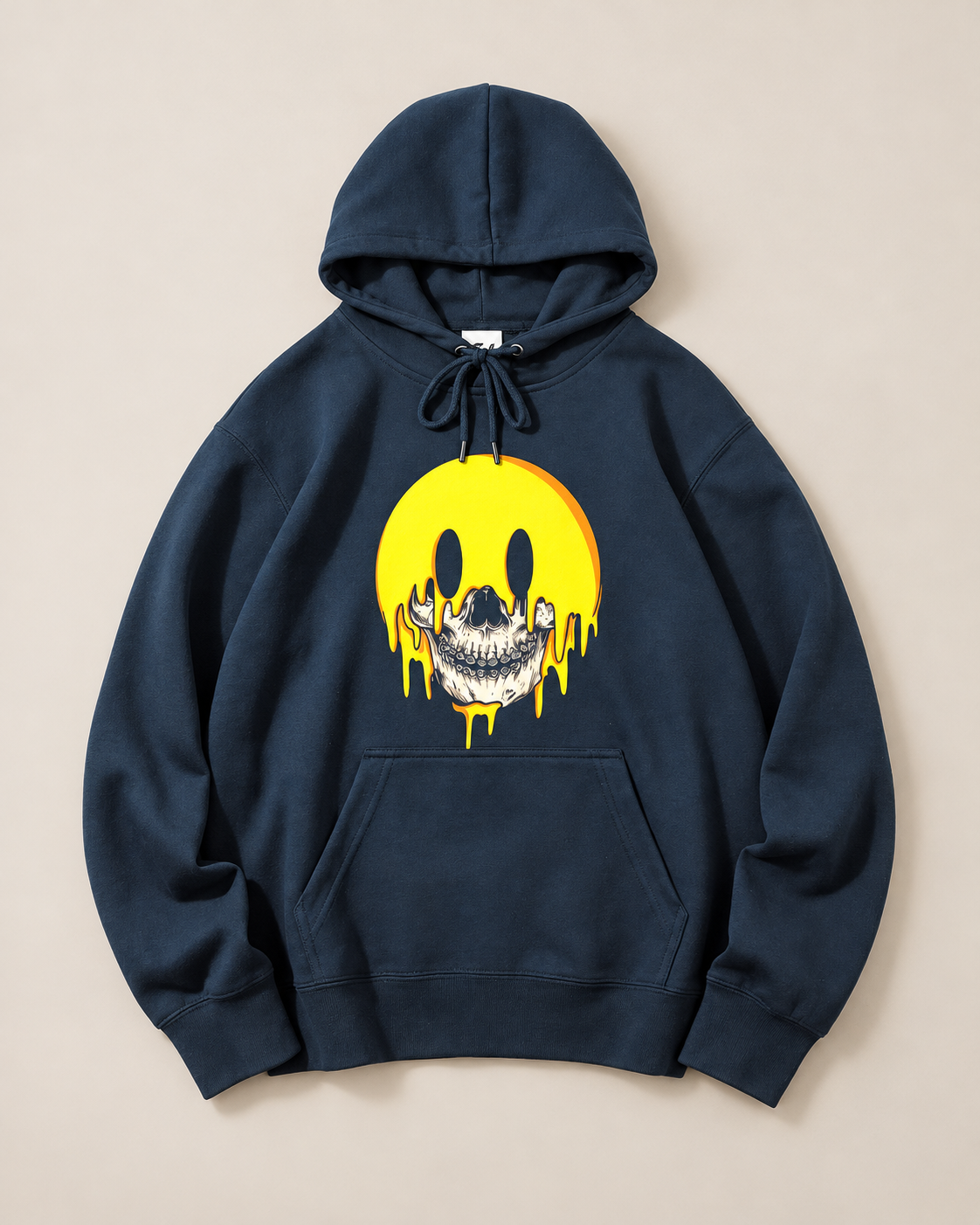 Melting Smiley Face Skull Halloween Hoodie, Horror Graphic Pullover Hooded Sweatshirt, Unisex Gothic Fall Streetwear