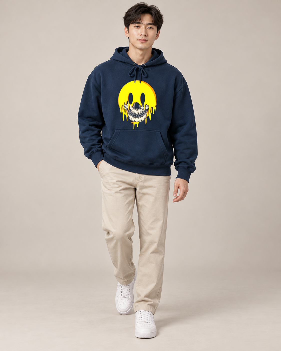 Melting Smiley Face Skull Halloween Hoodie, Horror Graphic Pullover Hooded Sweatshirt, Unisex Gothic Fall Streetwear