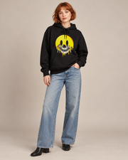 Melting Smiley Face Skull Halloween Hoodie, Horror Graphic Pullover Hooded Sweatshirt, Unisex Gothic Fall Streetwear