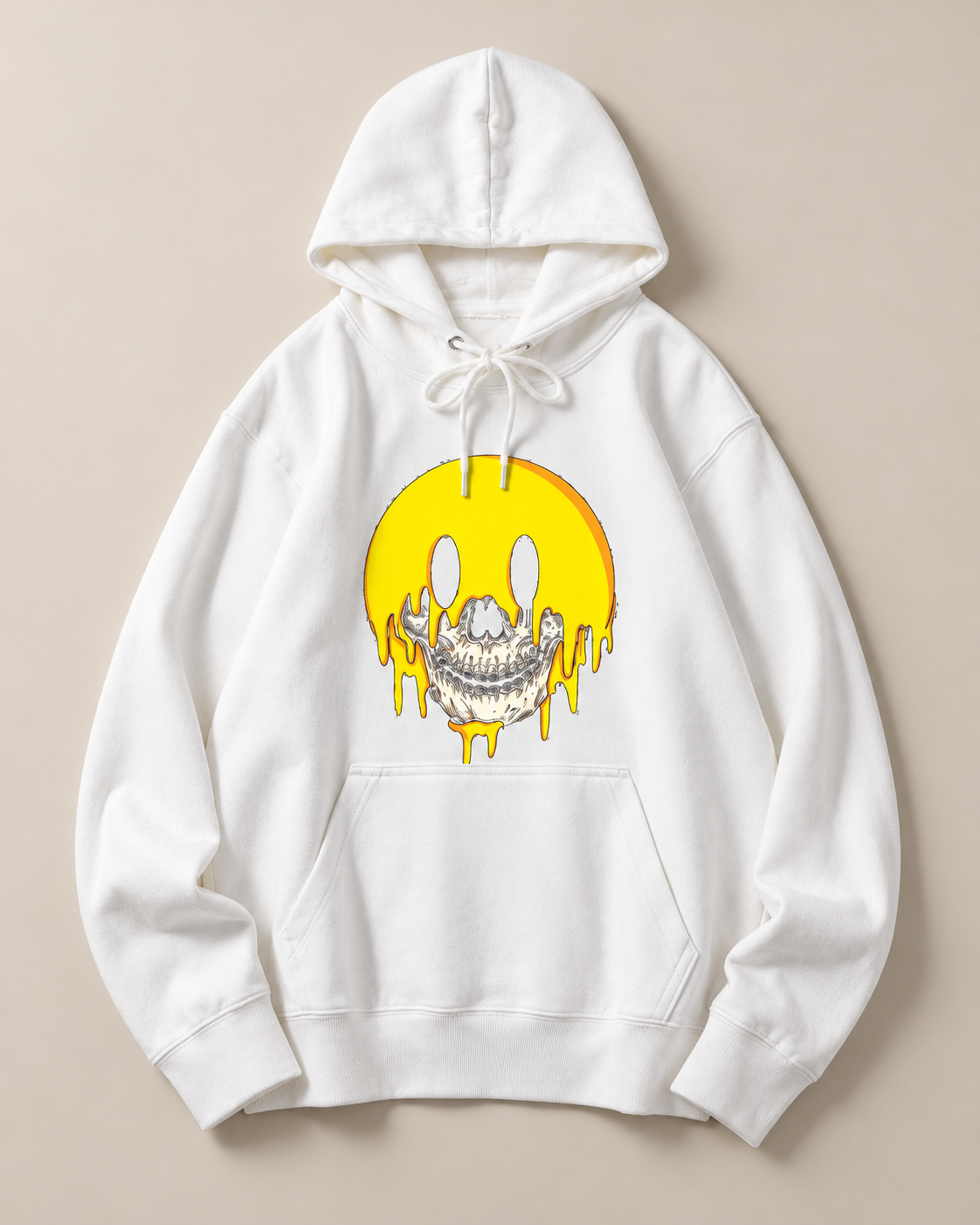 Melting Smiley Face Skull Halloween Hoodie, Horror Graphic Pullover Hooded Sweatshirt, Unisex Gothic Fall Streetwear