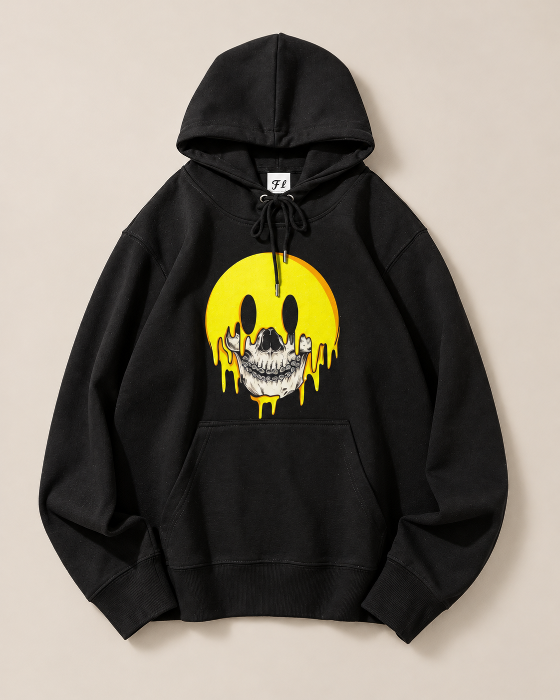 Melting Smiley Face Skull Halloween Hoodie, Horror Graphic Pullover Hooded Sweatshirt, Unisex Gothic Fall Streetwear