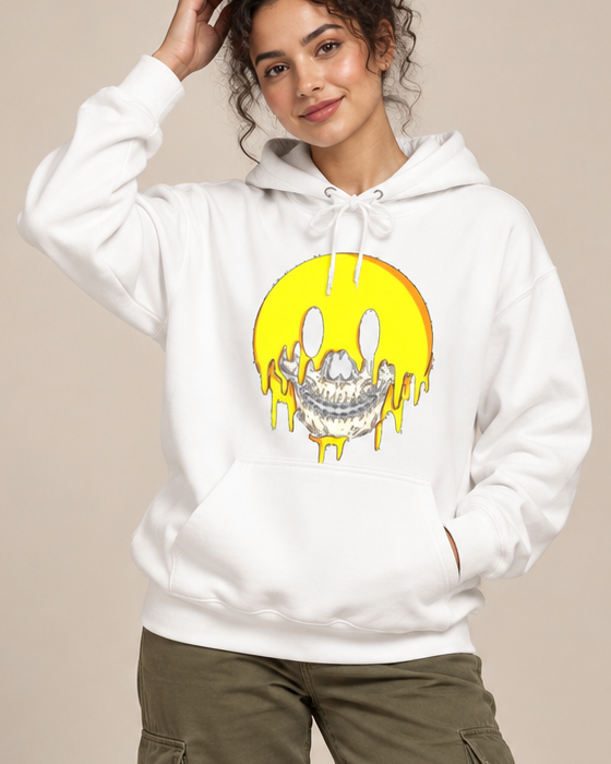 Melting Smiley Face Skull Halloween Hoodie, Horror Graphic Pullover Hooded Sweatshirt, Unisex Gothic Fall Streetwear