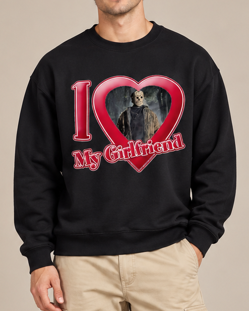 I Love My Girlfriend Horror Movie Crewneck Sweatshirt, Spooky Gothic Halloween Pullover