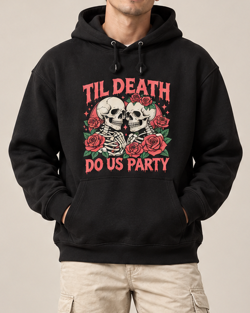 Til Death Do Us Party Skeleton Rose Hoodie, Gothic Halloween Horror Graphic Sweatshirt