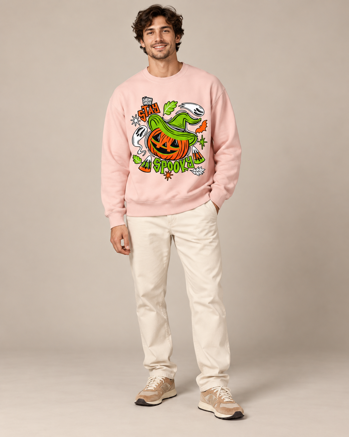 Stay Spooky Pumpkin Witch Crewneck Sweatshirt, Halloween Ghost Graphic Pullover, Unisex Fall Spooky Season Casual Top