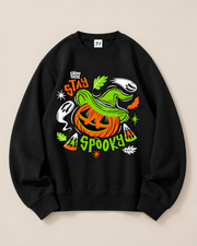 Stay Spooky Pumpkin Witch Crewneck Sweatshirt, Halloween Ghost Graphic Pullover, Unisex Fall Spooky Season Casual Top