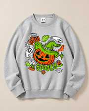 Stay Spooky Pumpkin Witch Crewneck Sweatshirt, Halloween Ghost Graphic Pullover, Unisex Fall Spooky Season Casual Top