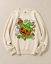 Stay Spooky Pumpkin Witch Crewneck Sweatshirt, Halloween Ghost Graphic Pullover, Unisex Fall Spooky Season Casual Top
