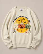 October We Welcome You Halloween Crewneck Sweatshirt, Pumpkin Ghost Graphic Pullover, Unisex Fall Vintage Spooky Top