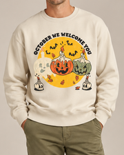 October We Welcome You Halloween Crewneck Sweatshirt, Pumpkin Ghost Graphic Pullover, Unisex Fall Vintage Spooky Top