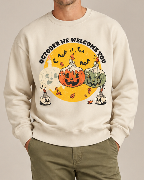 October We Welcome You Halloween Crewneck Sweatshirt, Pumpkin Ghost Graphic Pullover, Unisex Fall Vintage Spooky Top