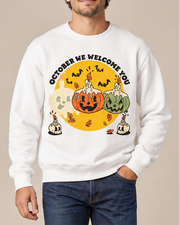 October We Welcome You Halloween Crewneck Sweatshirt, Pumpkin Ghost Graphic Pullover, Unisex Fall Vintage Spooky Top