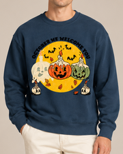 October We Welcome You Halloween Crewneck Sweatshirt, Pumpkin Ghost Graphic Pullover, Unisex Fall Vintage Spooky Top