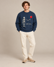 Skeleton Red Balloon Halloween Crewneck Sweatshirt, Spooky Skeleton Graphic Pullover, Unisex Fall Horror Casual Top