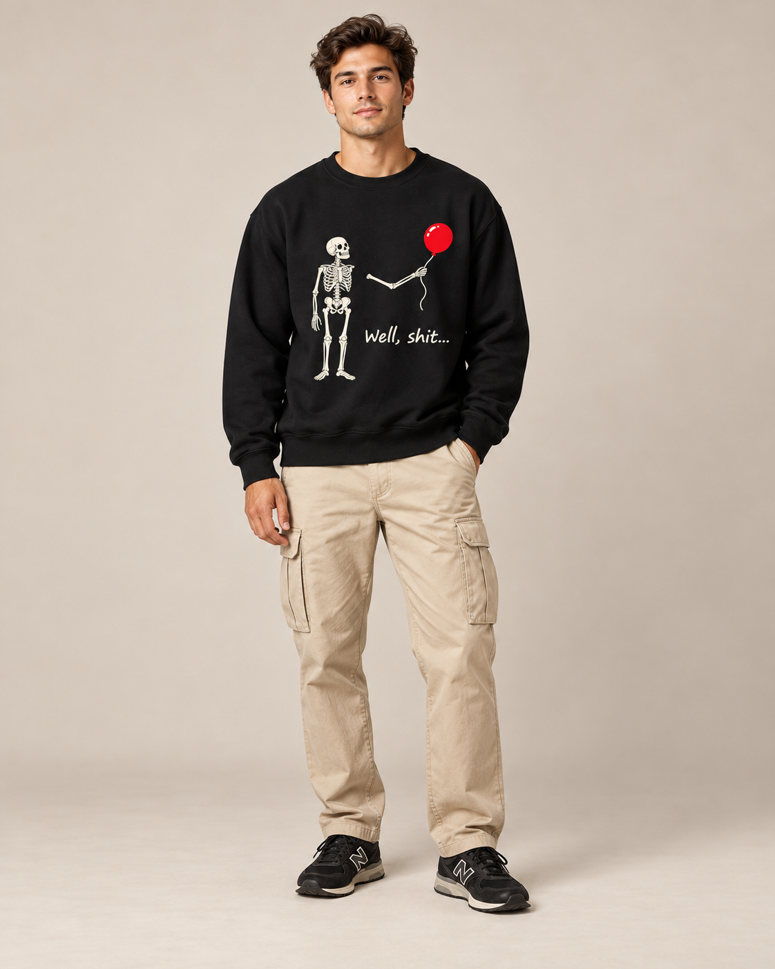 Skeleton Red Balloon Halloween Crewneck Sweatshirt, Spooky Skeleton Graphic Pullover, Unisex Fall Horror Casual Top