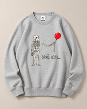 Skeleton Red Balloon Halloween Crewneck Sweatshirt, Spooky Skeleton Graphic Pullover, Unisex Fall Horror Casual Top