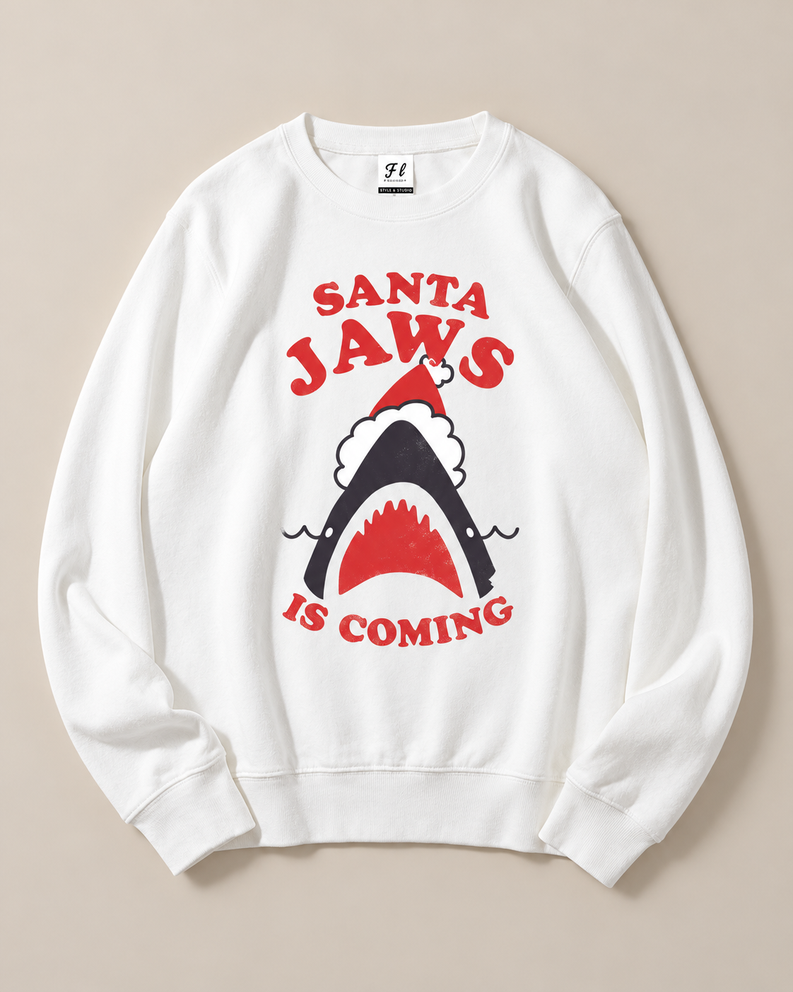 Santa Jaws Is Coming Christmas Shark Graphic Sweatshirt Funny Xmas Shark Santa Hat Crewneck Unisex Holiday Pullover