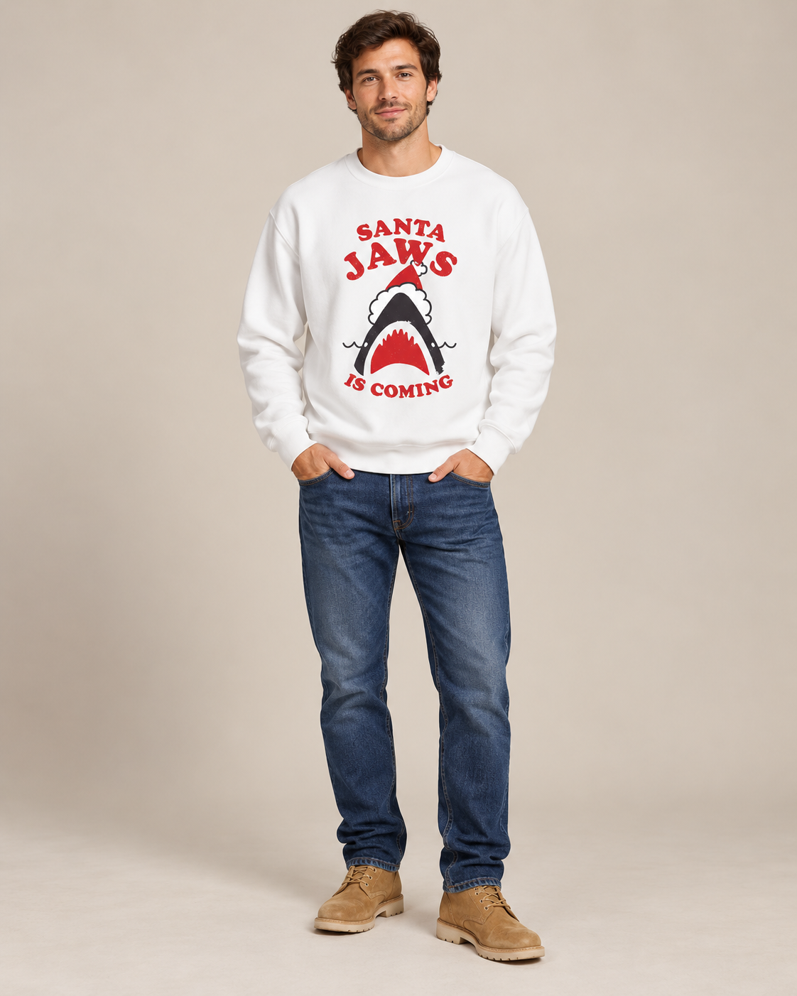 Santa Jaws Is Coming Christmas Shark Graphic Sweatshirt Funny Xmas Shark Santa Hat Crewneck Unisex Holiday Pullover