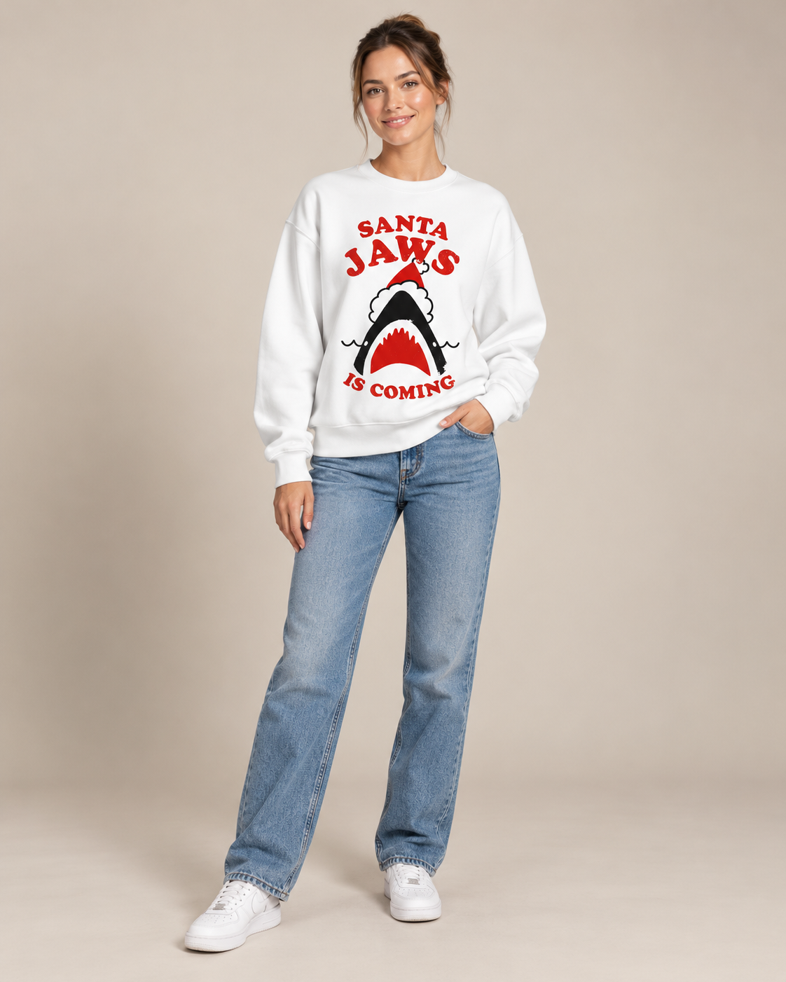 Santa Jaws Is Coming Christmas Shark Graphic Sweatshirt Funny Xmas Shark Santa Hat Crewneck Unisex Holiday Pullover