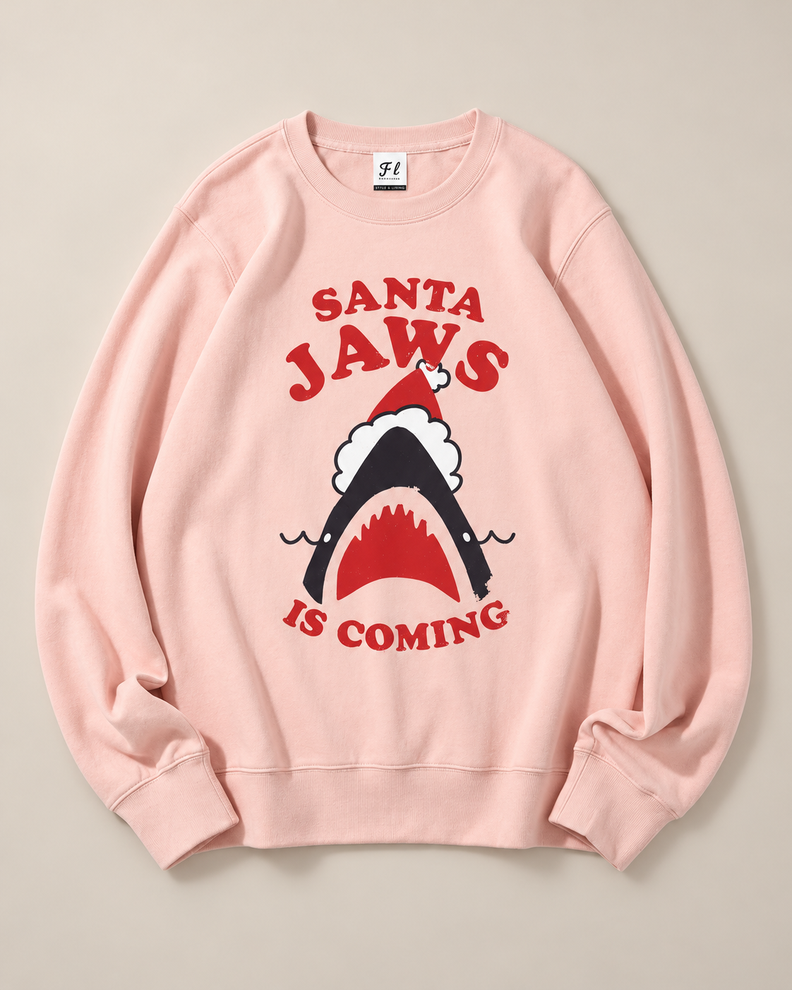 Santa Jaws Is Coming Christmas Shark Graphic Sweatshirt Funny Xmas Shark Santa Hat Crewneck Unisex Holiday Pullover