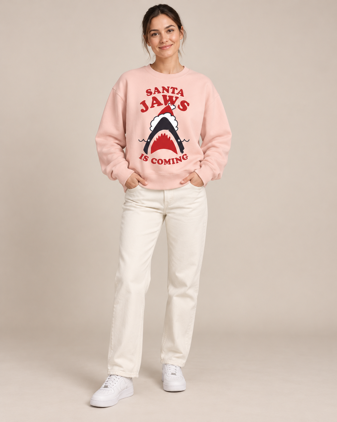 Santa Jaws Is Coming Christmas Shark Graphic Sweatshirt Funny Xmas Shark Santa Hat Crewneck Unisex Holiday Pullover