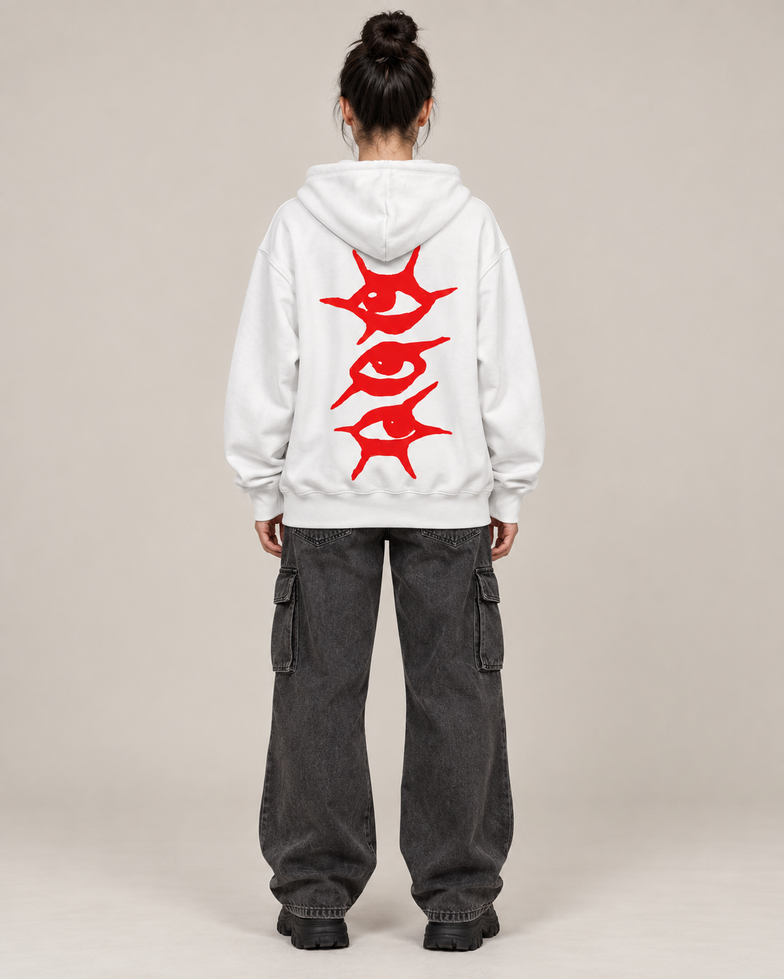 Red Eyes Graphic Hoodie – Unisex White Oversized Streetwear Pullover