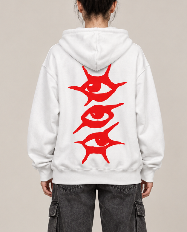 Red Eyes Graphic Hoodie – Unisex White Oversized Streetwear Pullover