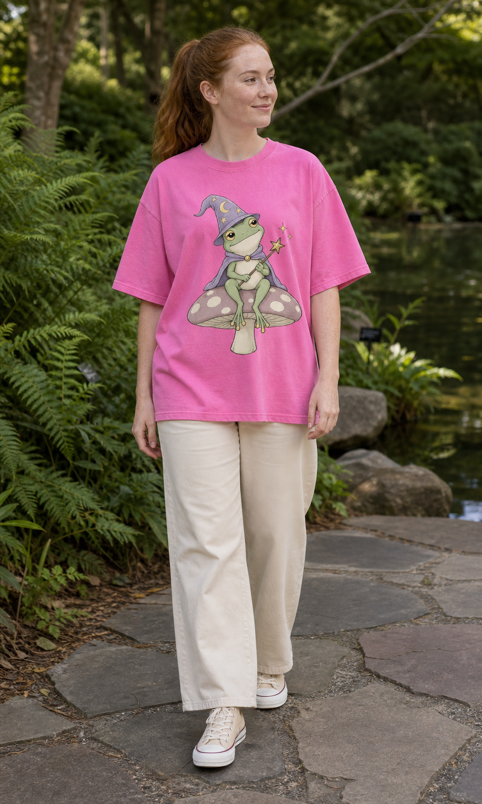 Magic Wizard Frog Mushroom Retro Oversized Pink T‑Shirt
