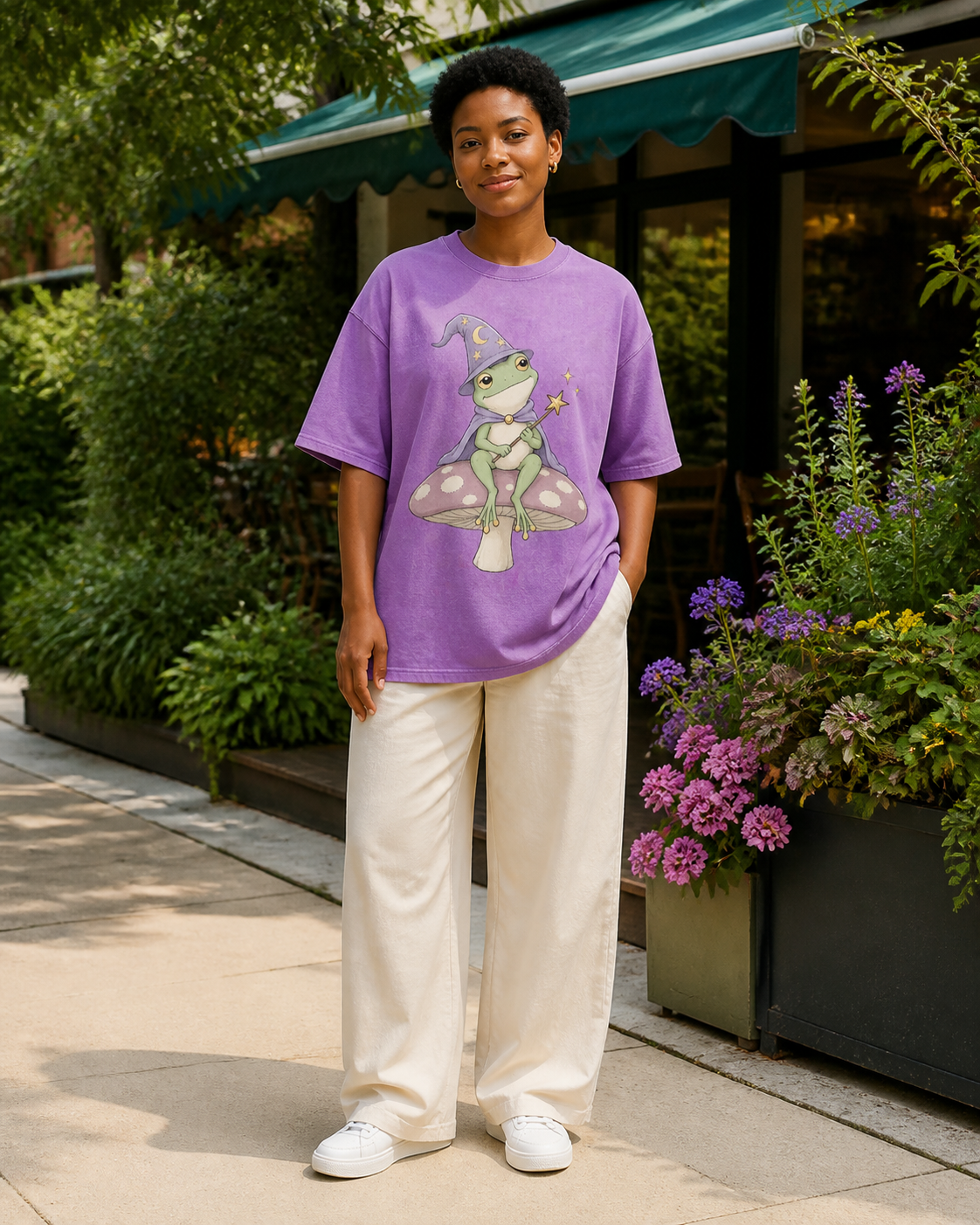Magic Wizard Frog Mushroom Retro Oversized Pink T‑Shirt