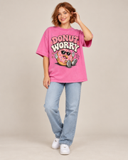 Donut Worry Graphic T-Shirt – Vintage Washed Black Unisex Oversized Tee