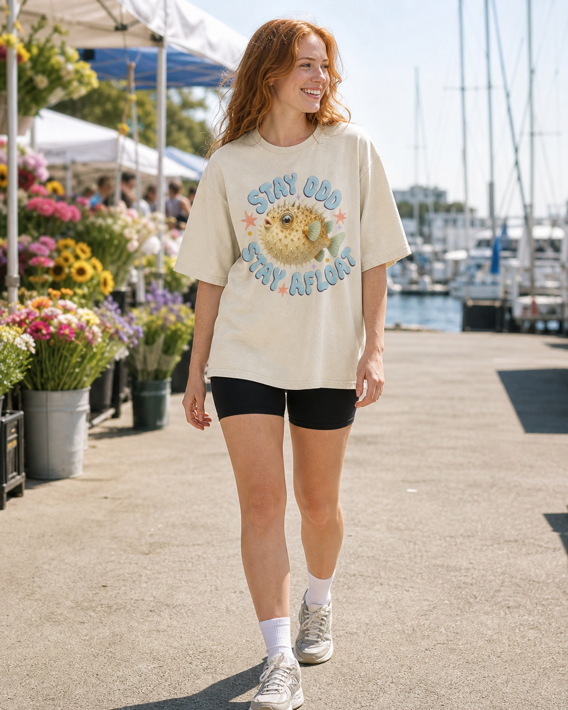 Funny Pufferfish Ocean Animal Retro Oversized Graphic Tee